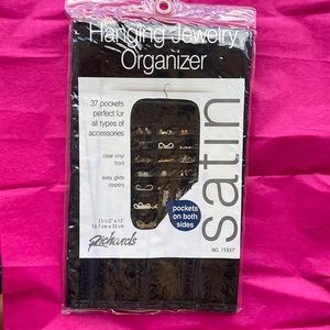 Hanging jewelry organizer 37 pockets black satin pockets on both sides